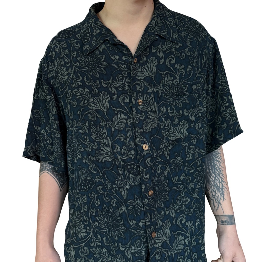Casual Classics‎ Mens Short Sleeve Silk Button Up Shirt Blue Floral Print Size L